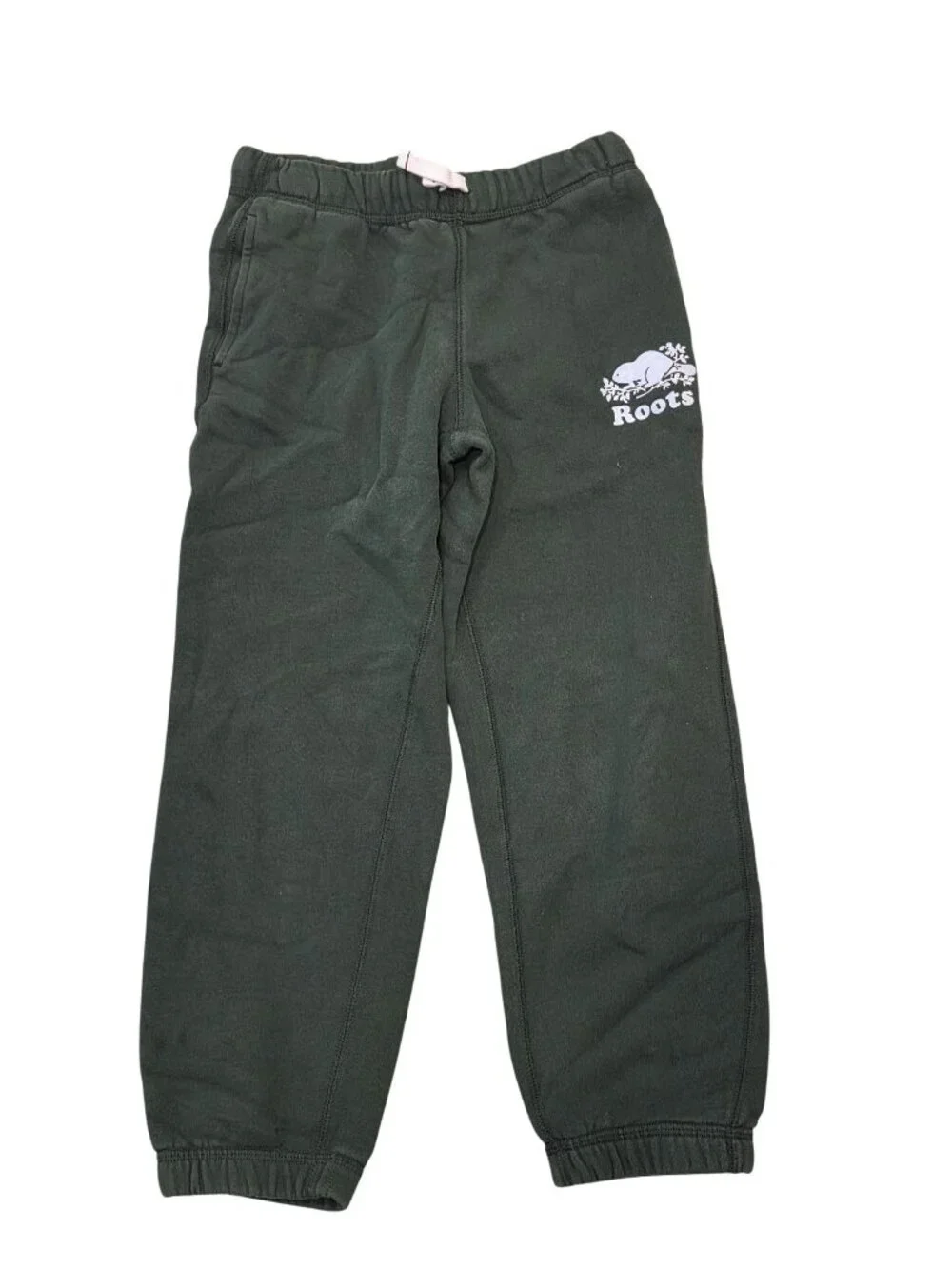 Roots Kids Green Fleece-Lined Joggers Size 8 With Elastic Waistband & Logo